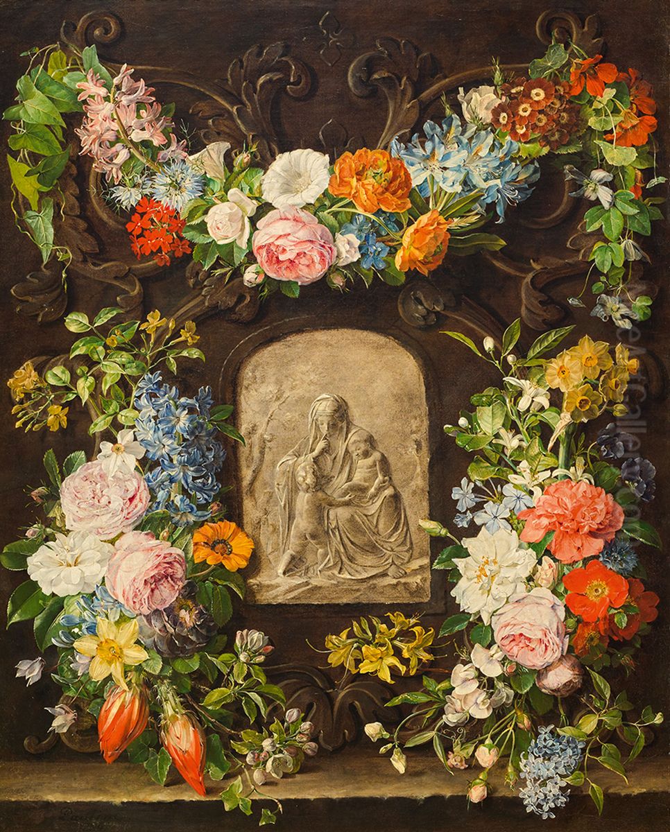 Flower garland with a relief of a Madonna Oil Painting by Pauline Freiin von Koudelka