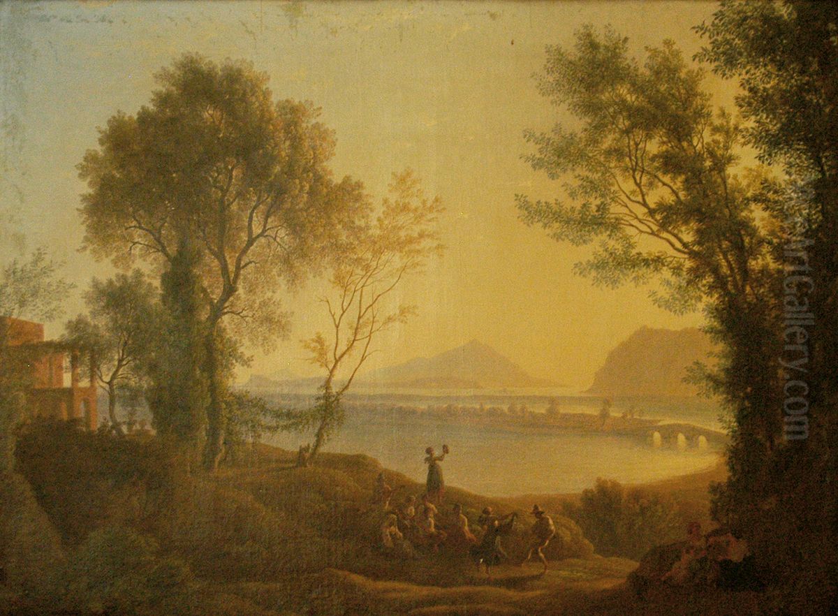 Italienische Landschaft mit Sonnenuntergang Oil Painting by Josef Rebell