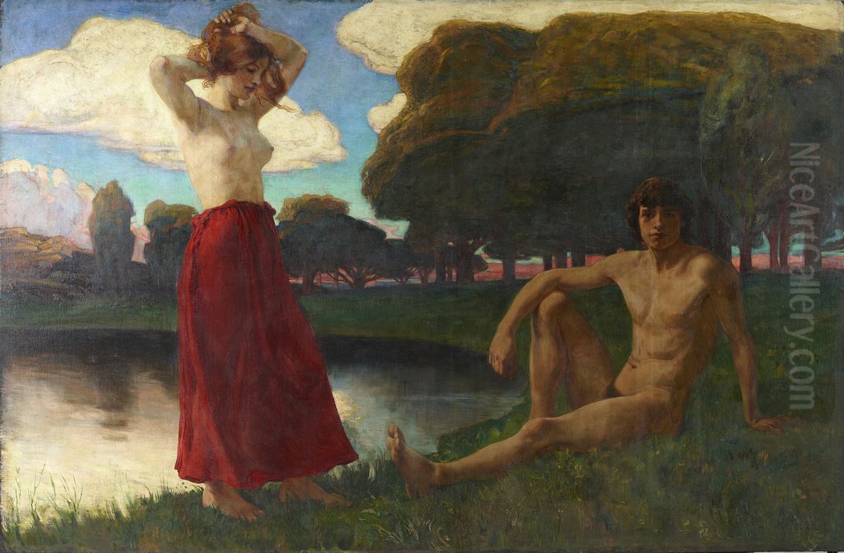 Idyll (Mannlicher und weiblicher Halbakt in der Landschaft) Oil Painting by Ludwig Von Hofmann
