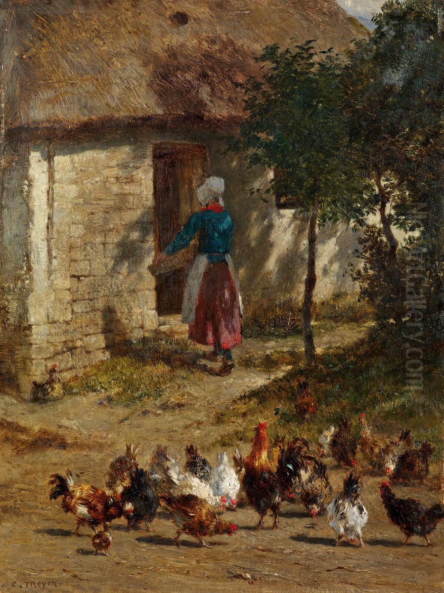 Chickens in front of a farmhouse Oil Painting by Constant Troyon