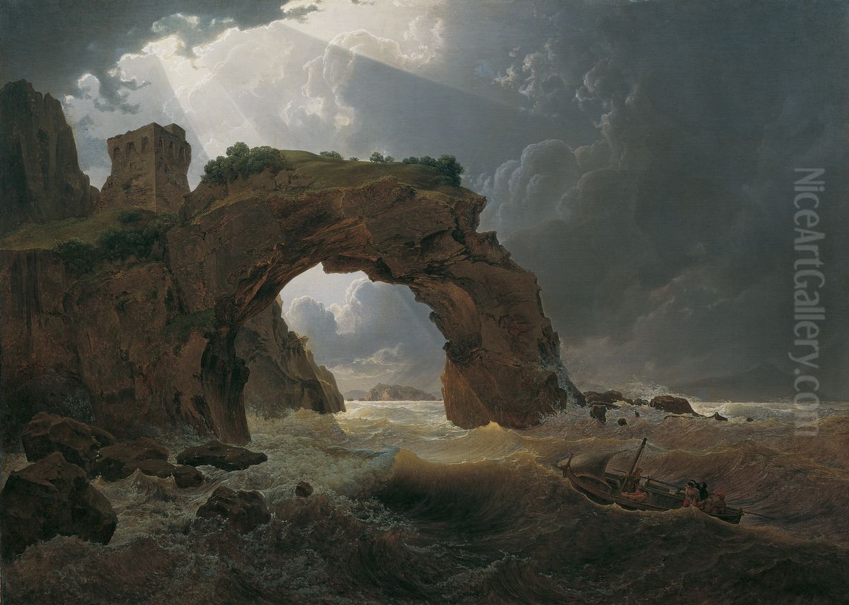 Sea Storm at Arco di Miseno near Miliscola with a View Towards Nisida Oil Painting by Josef Rebell