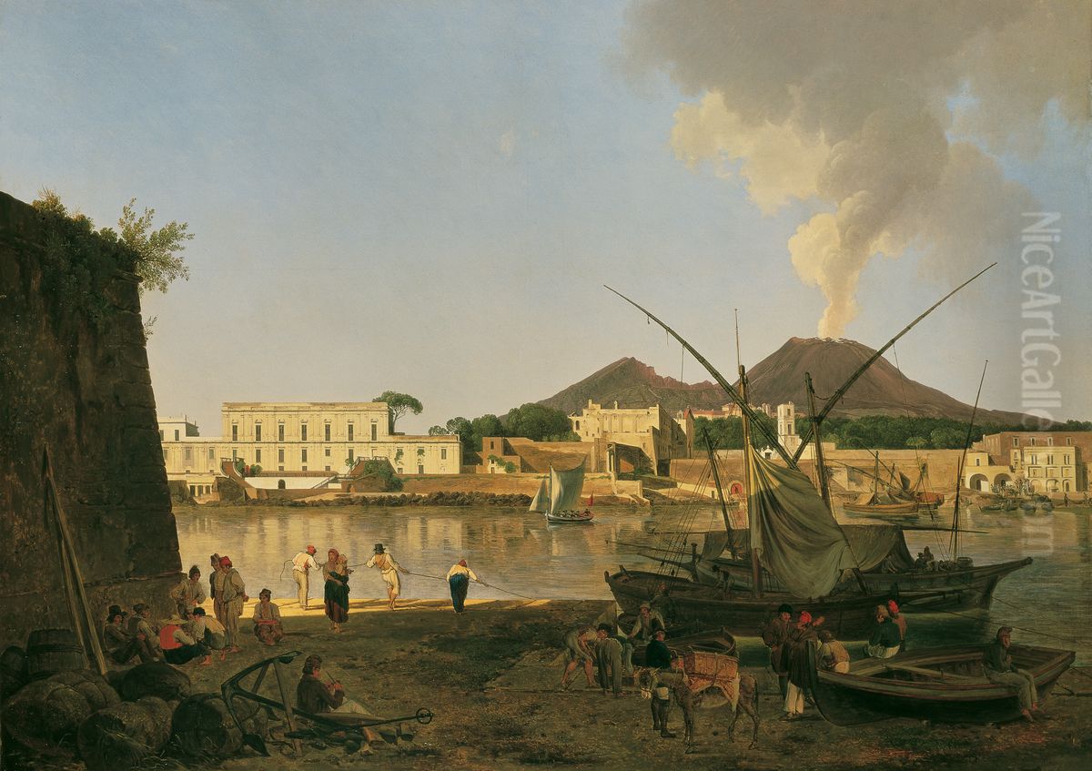 Granatello Harbour near Portici with Mount Vesuvius in the Background Oil Painting by Josef Rebell