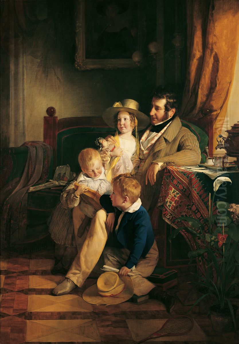 Rudolf von Arthaber and his childs Rudolf, Emile and Gustav Oil Painting by Friedrich von Amerling