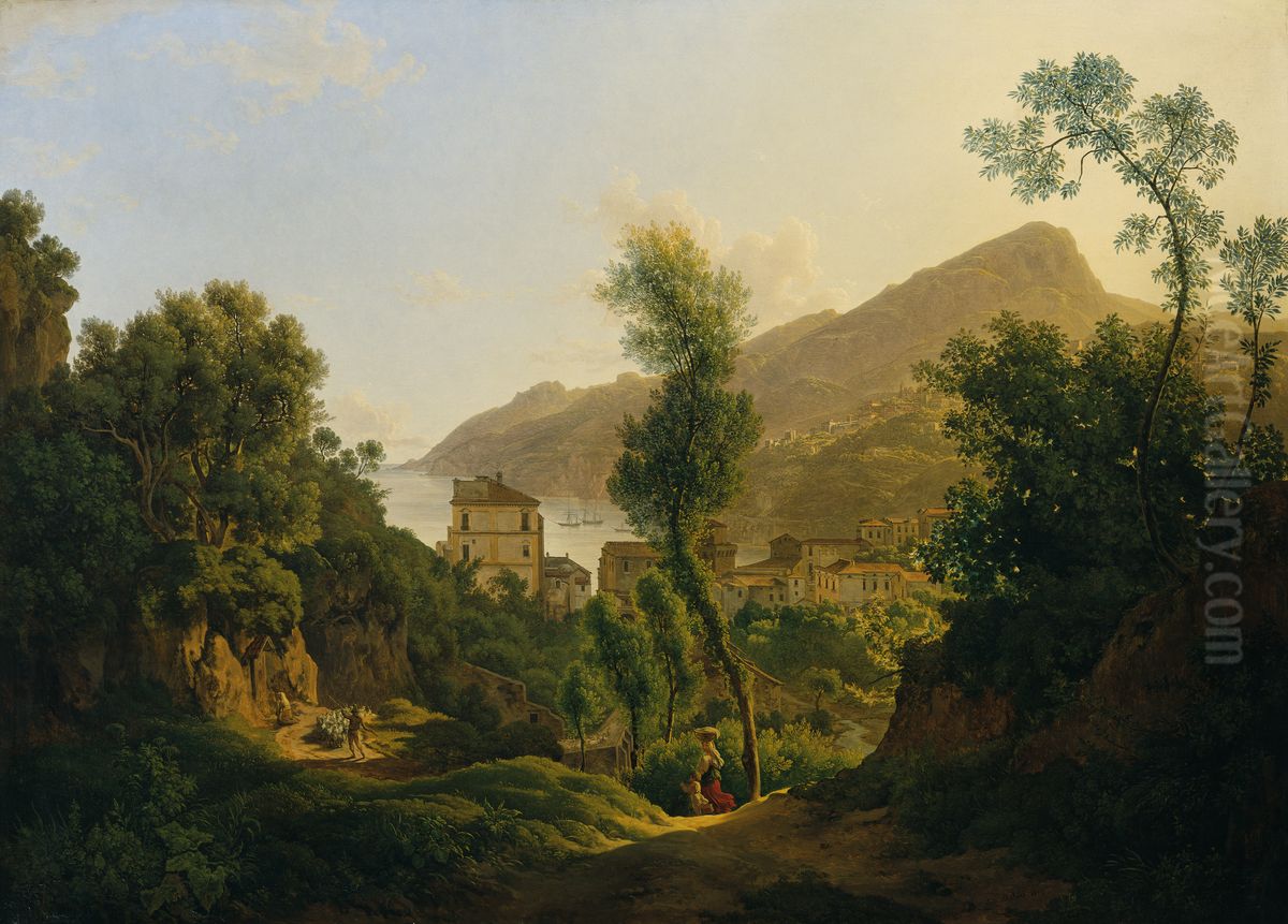 View of the Town of Vietri with a View of the Gulf of Salerno Oil Painting by Josef Rebell