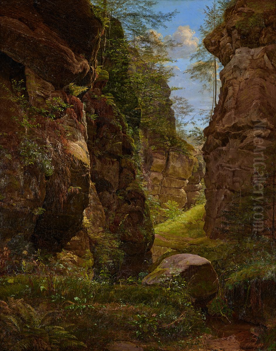 Felsenschlucht im Uttewalder Grund in der Sachsischen Schweiz Oil Painting by August Heinrich