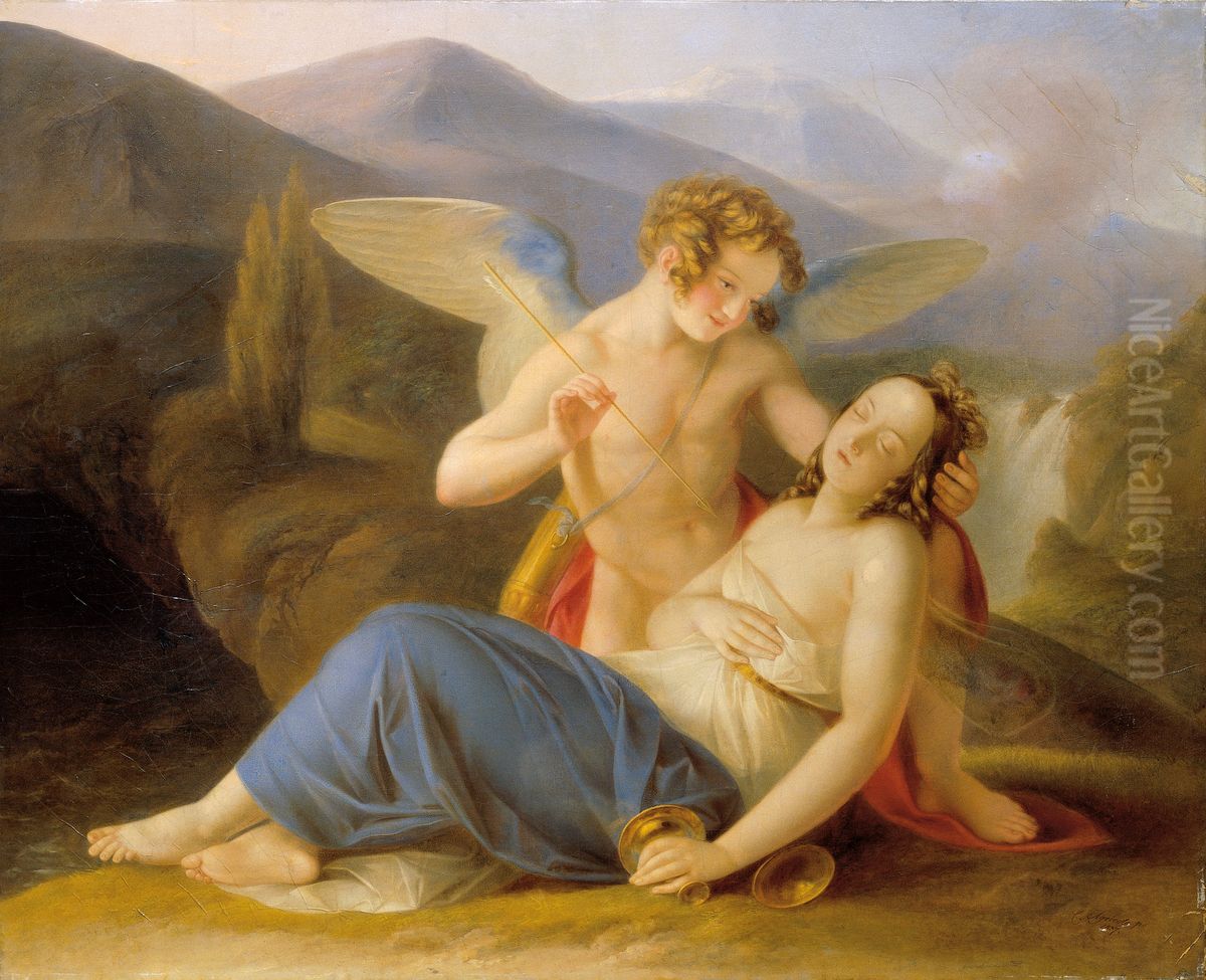Psyche is awakened from fainting by Cupid's arrow Oil Painting by Karl Agricola