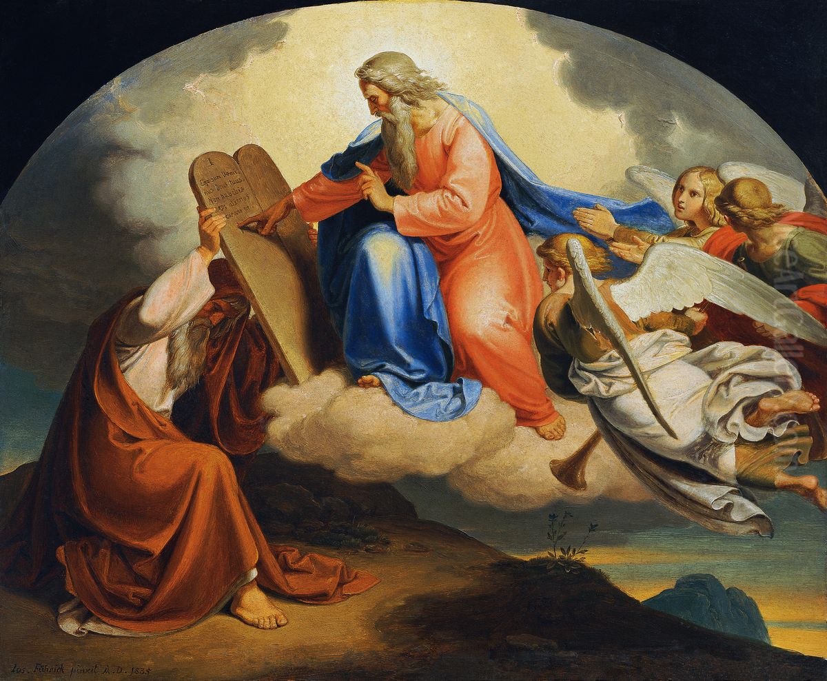 Gott schreibt Moses auf dem Berg Sinai die zehn Gebote auf zwei steinerne Tafeln Oil Painting by Joseph von Fuhrich