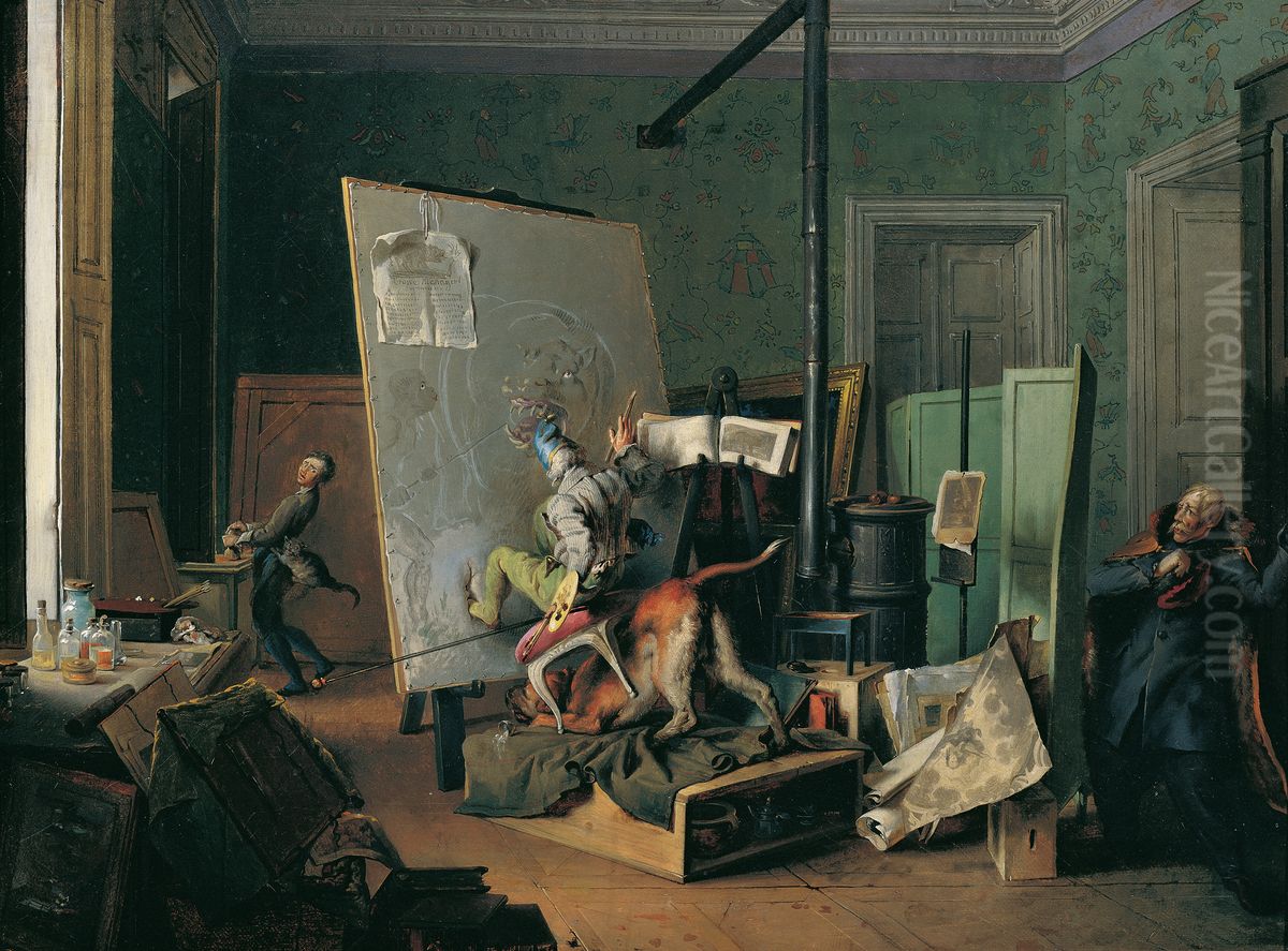 Komische Szene im Atelier Oil Painting by Josef Franz Danhauser