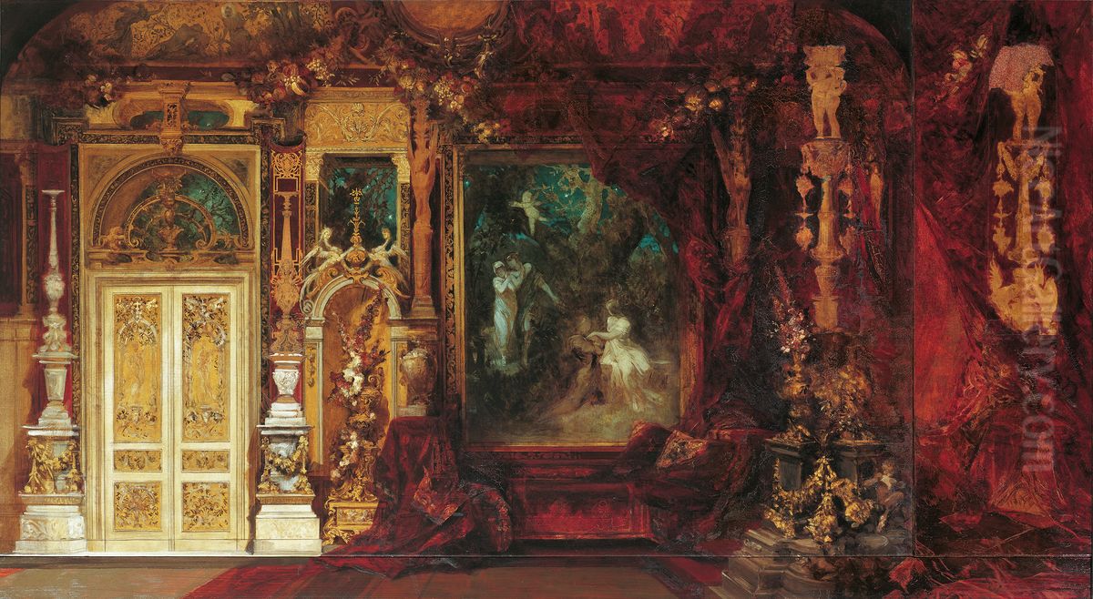 Dekorationsentwurf fur das Schlafzimmer Kaiserin Elisabeths in der Hermesvilla (Mittelszene: Ein Sommernachtstraum) Oil Painting by Hans Makart