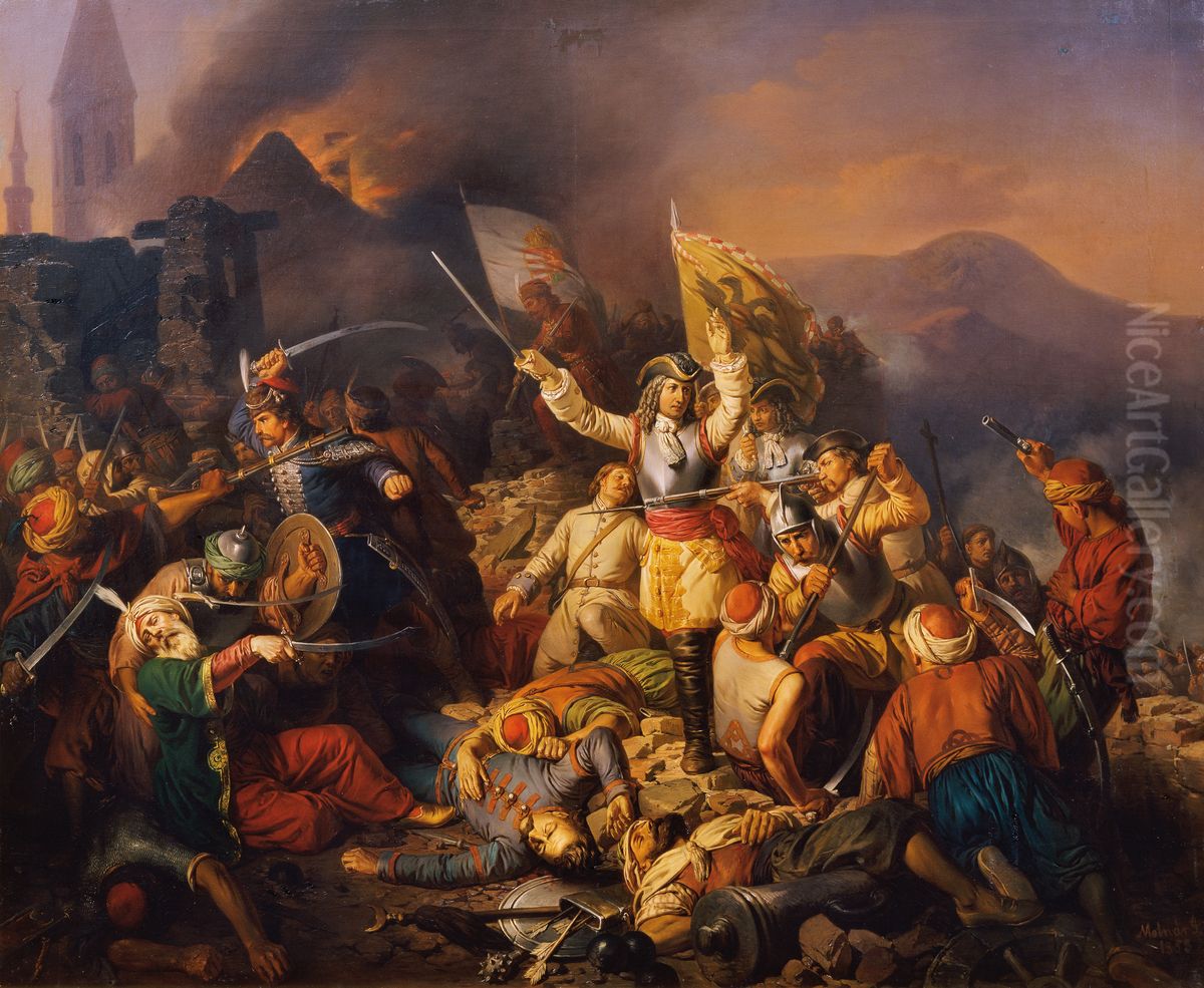 Die Ruckeroberung Ofens aus der Hand der Turken im Jahr 1686 Oil Painting by Jozsef Molnar