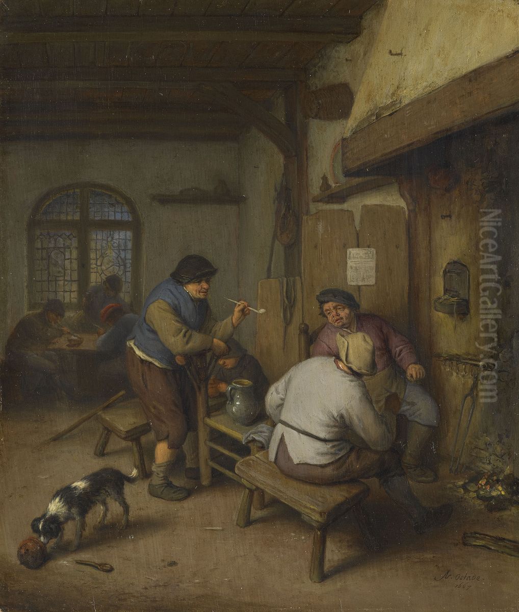 Three Peasants in a Tavern, round a Fire Oil Painting by Adriaen van Ostade