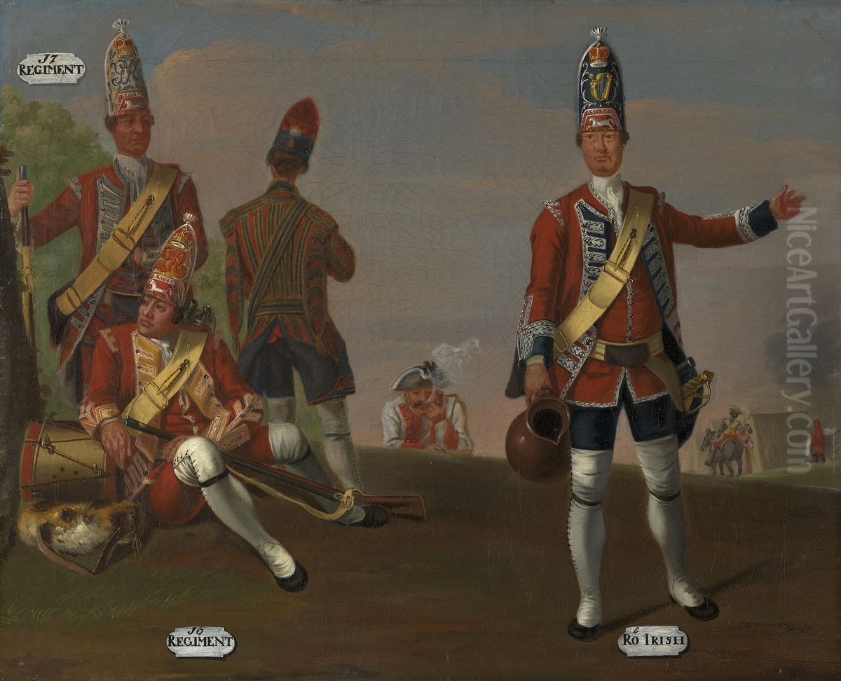 Grenadiers, 16th and 17th Regiments of Foot, and Grenadier and Drummer, 18th Royal Irish Regiment of Foot, 1751 Oil Painting by David Morier