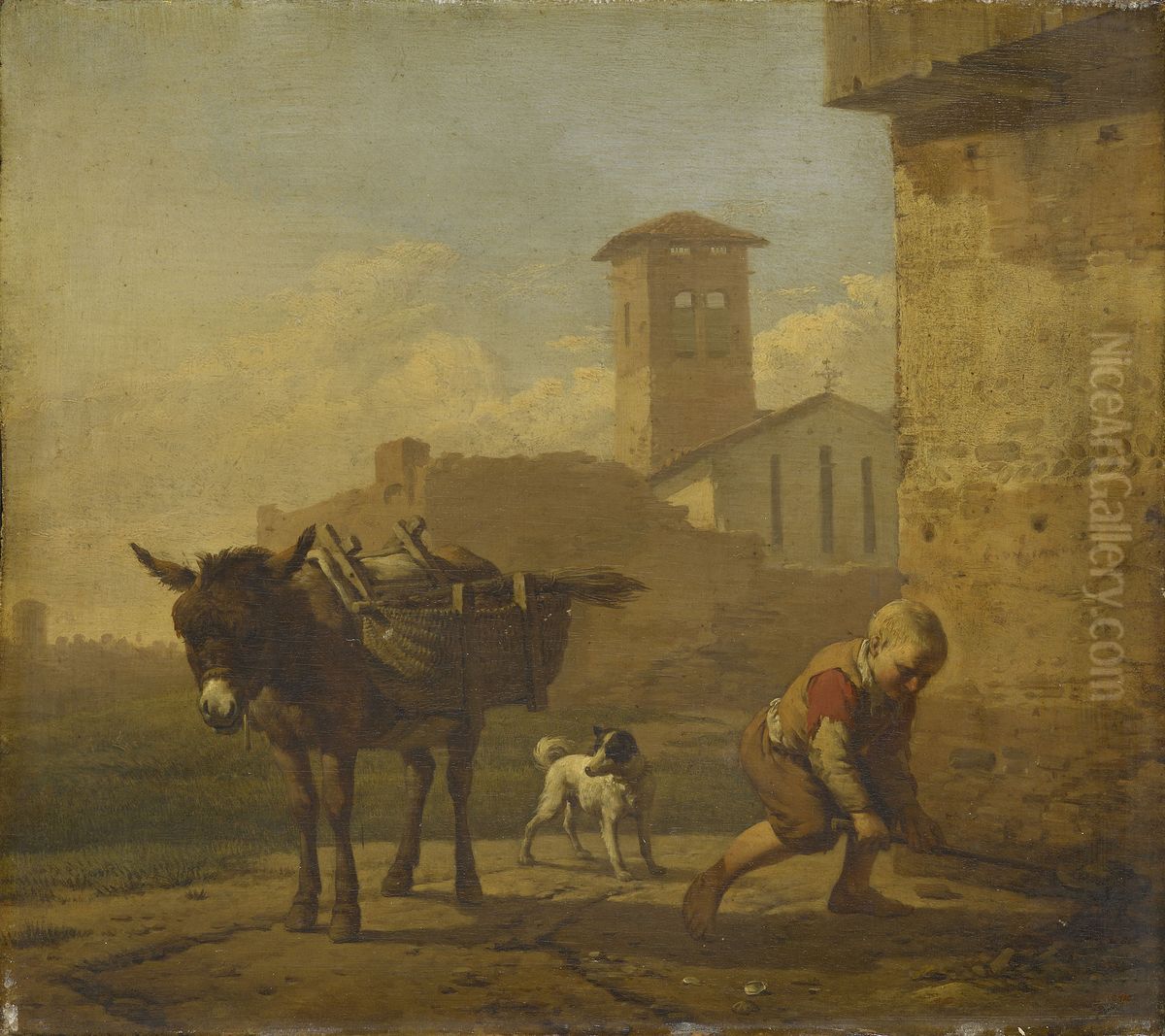 A Boy Loading an Ass in an Italian Village Street Oil Painting by Karel Dujardin