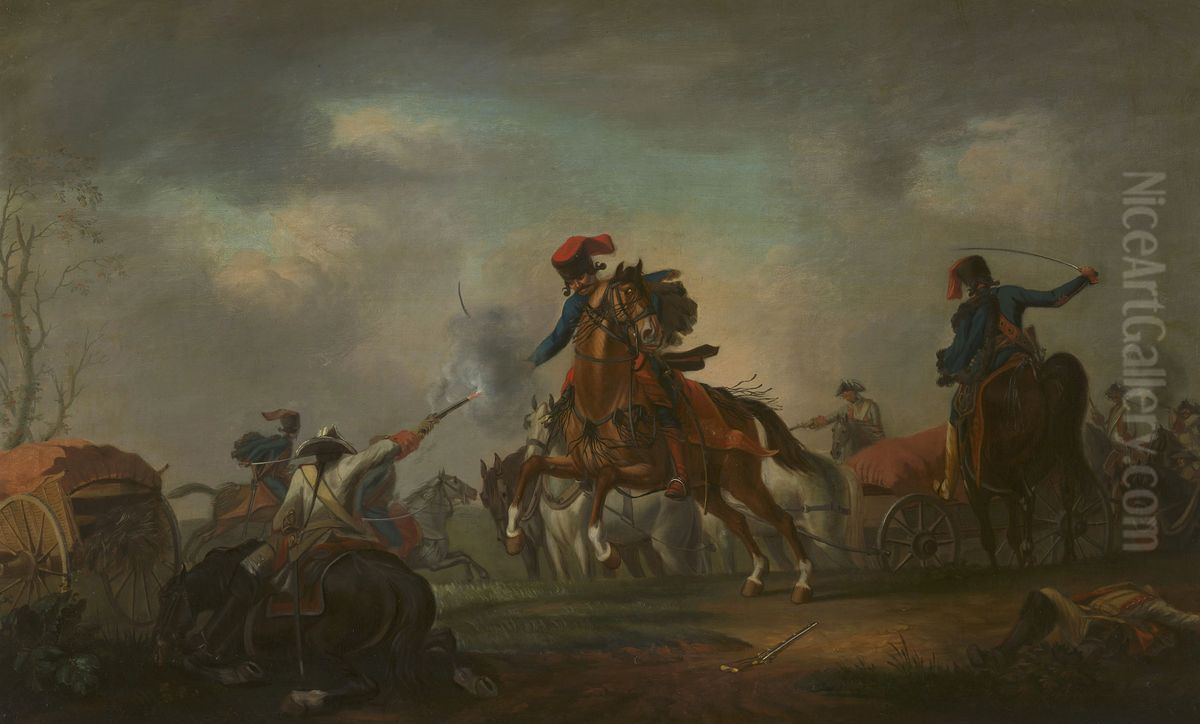 Hussars Attacking a Baggage Wagon Oil Painting by David Morier