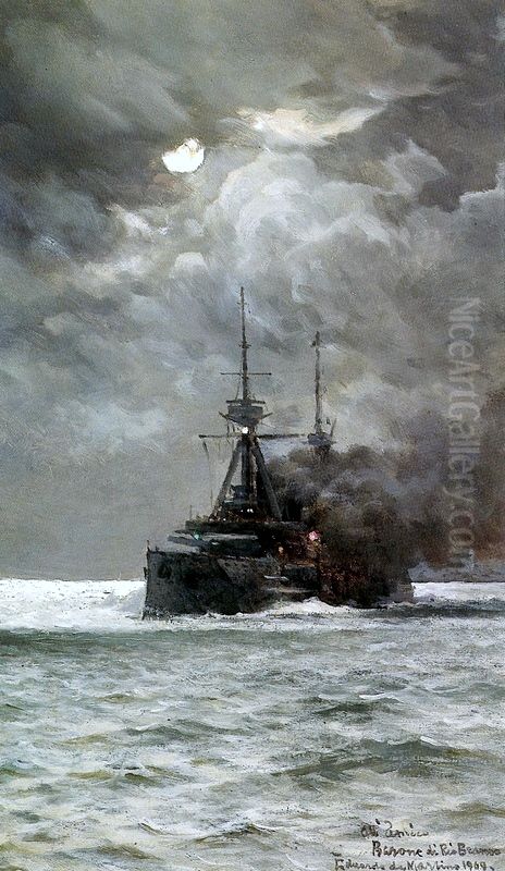 Warships at Anchor by Moonlight Oil Painting by Eduardo de Martino