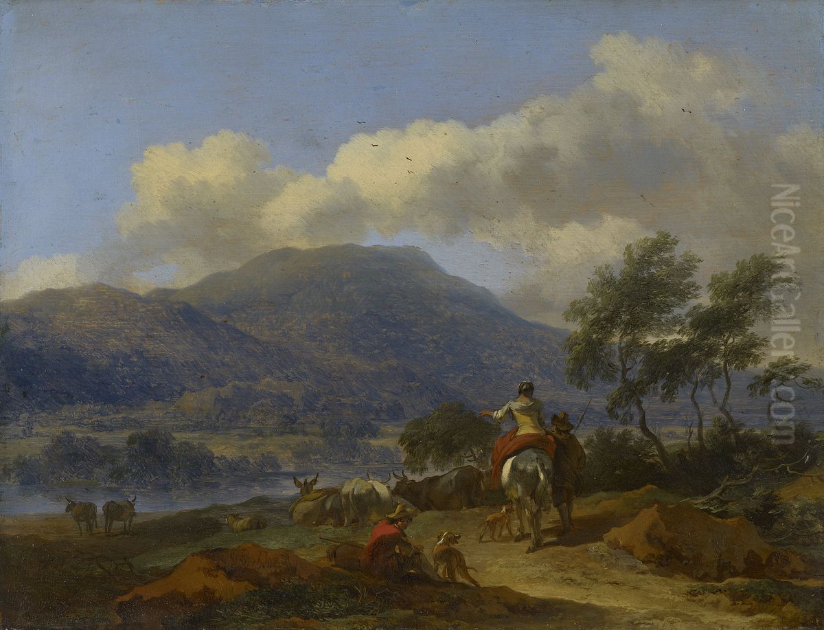 A Mountainous Landscape with two Shepherds, a Shepherdess and Cattle Oil Painting by Nicolaes Pieterszoon Berchem
