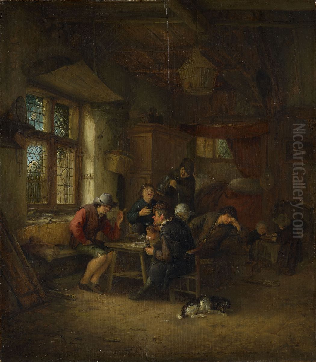 Interior of a Tavern with a Five Peasants and a Woman Oil Painting by Adriaen van Ostade