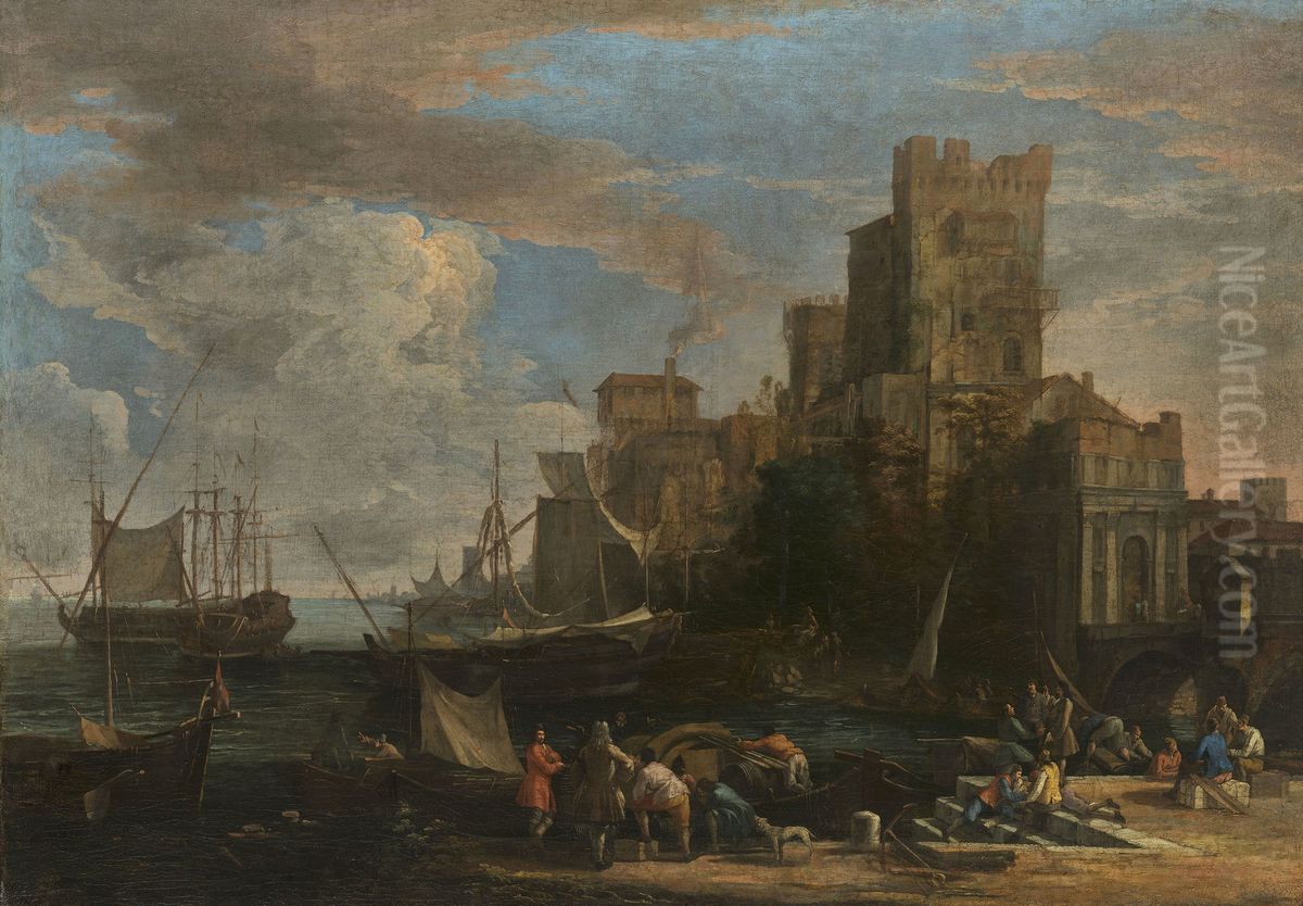 A Caprice View of a Seaport Oil Painting by Luca Carlevarijs