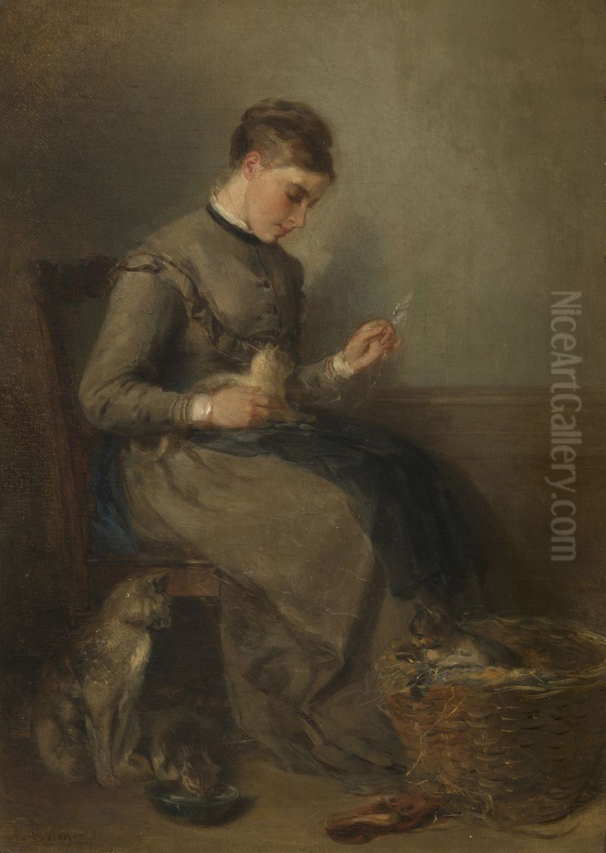 Female Playing with a Cat; an Interior Oil Painting by Anton Burger