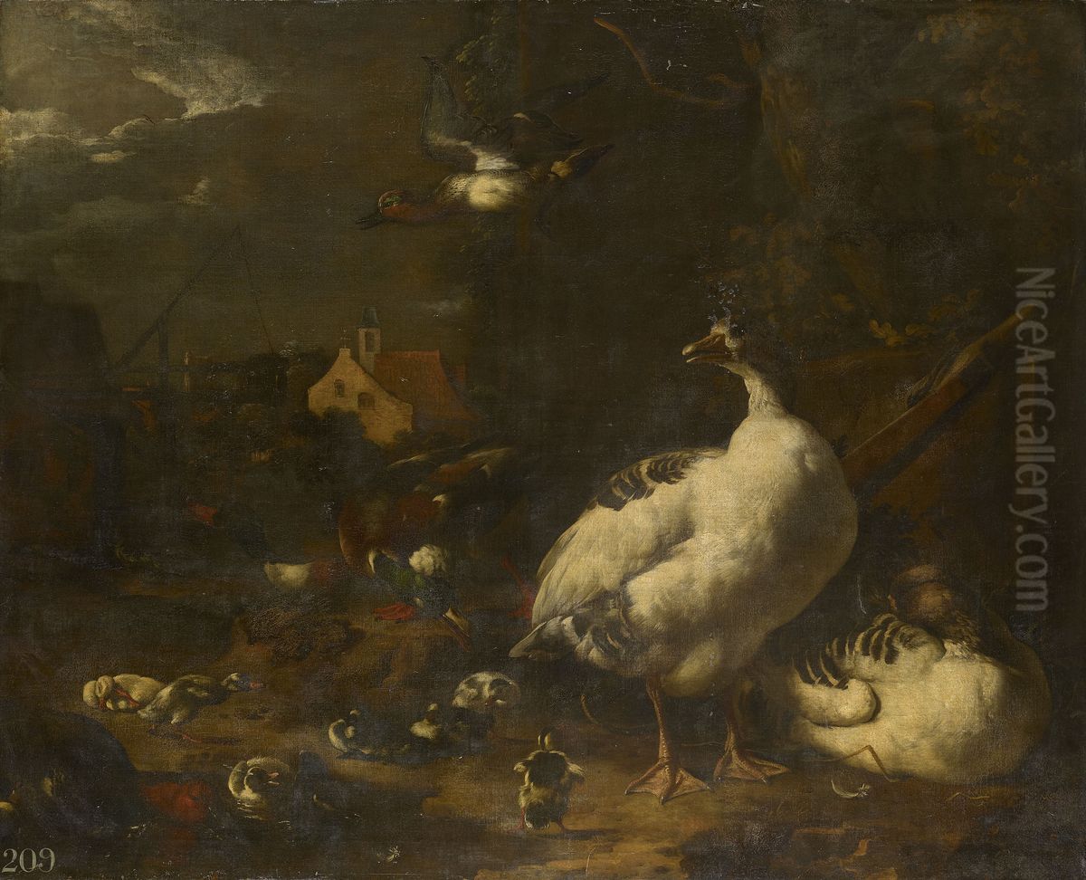 Ducks and Geese in a Farmyard Oil Painting by Melchior D'Hondecoeter
