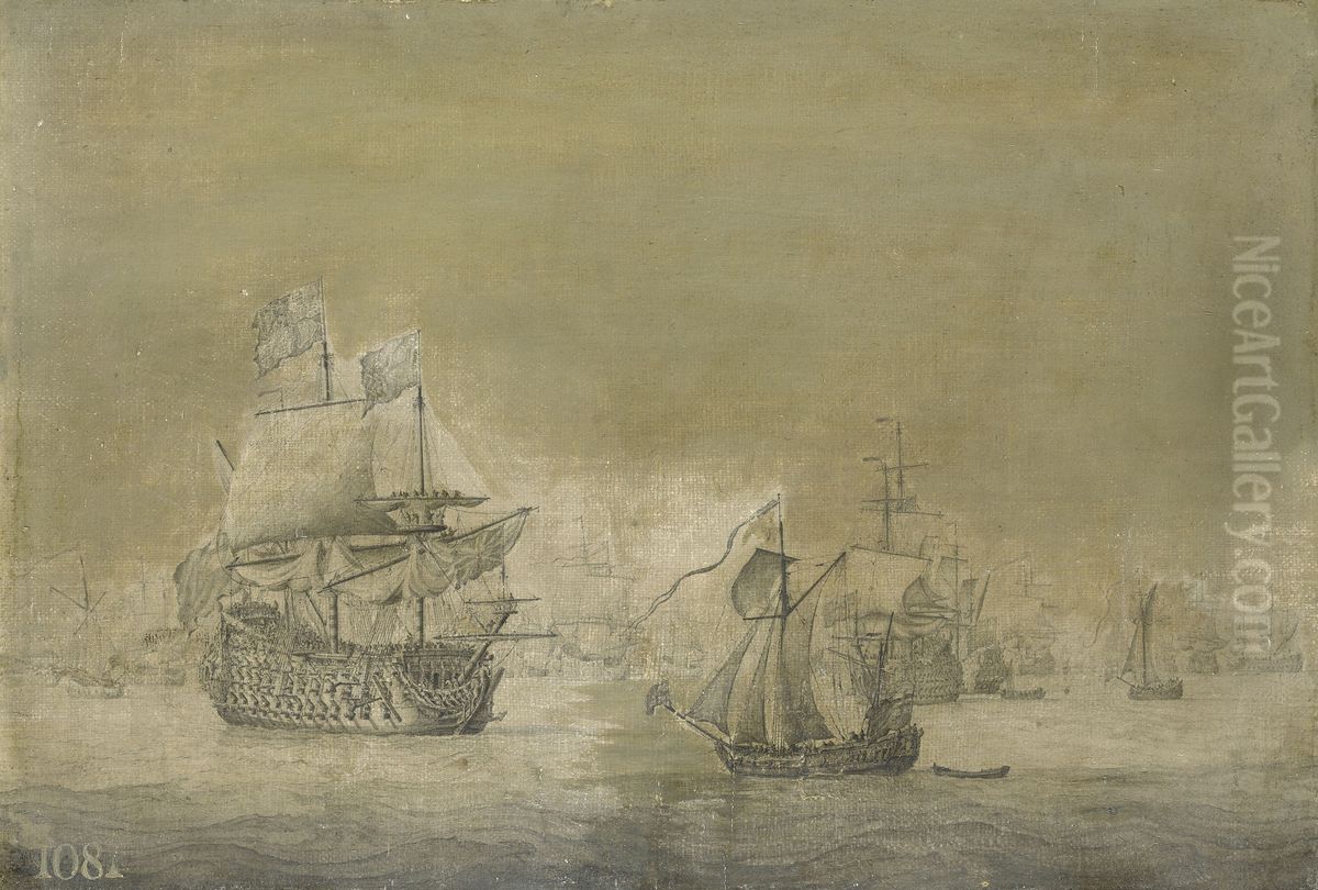 An English Three-decker in a Light Breeze with a Royal Yacht Sailing Towards her Oil Painting by Willem van de, the Elder Velde