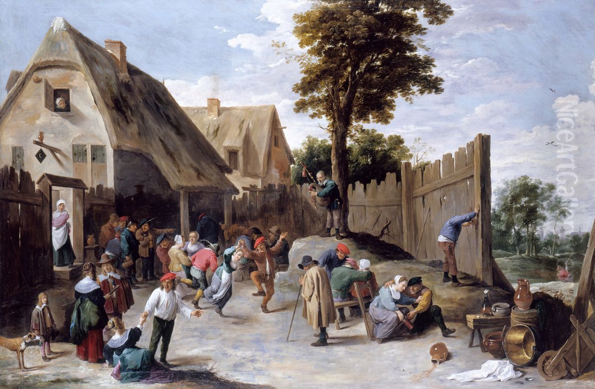 Peasants dancing outside a Tavern Oil Painting by David Teniers the Younger