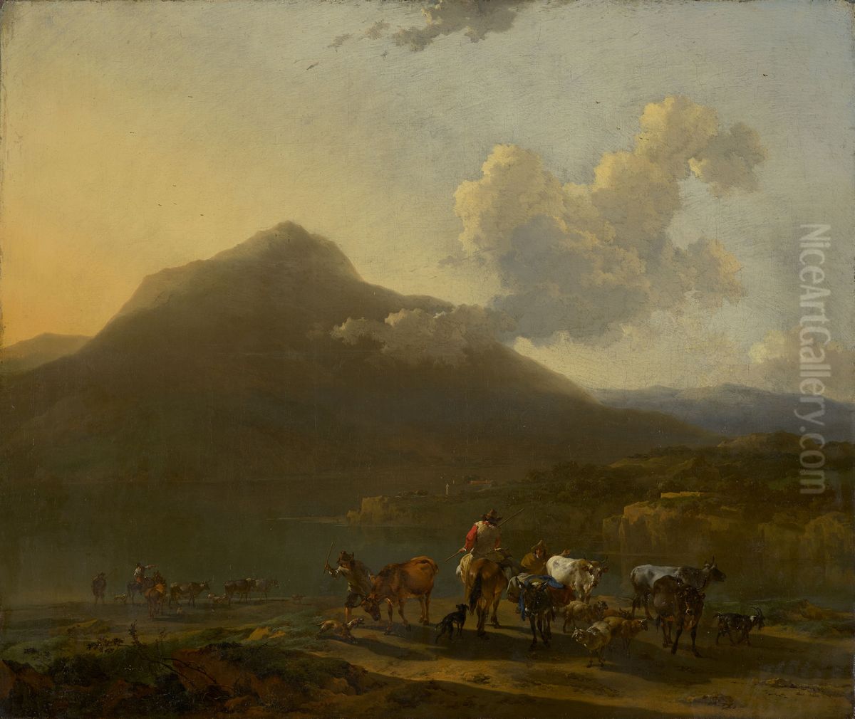Peasants with Cattle and Sheep before a Mountainous Landscape Oil Painting by Nicolaes Pieterszoon Berchem