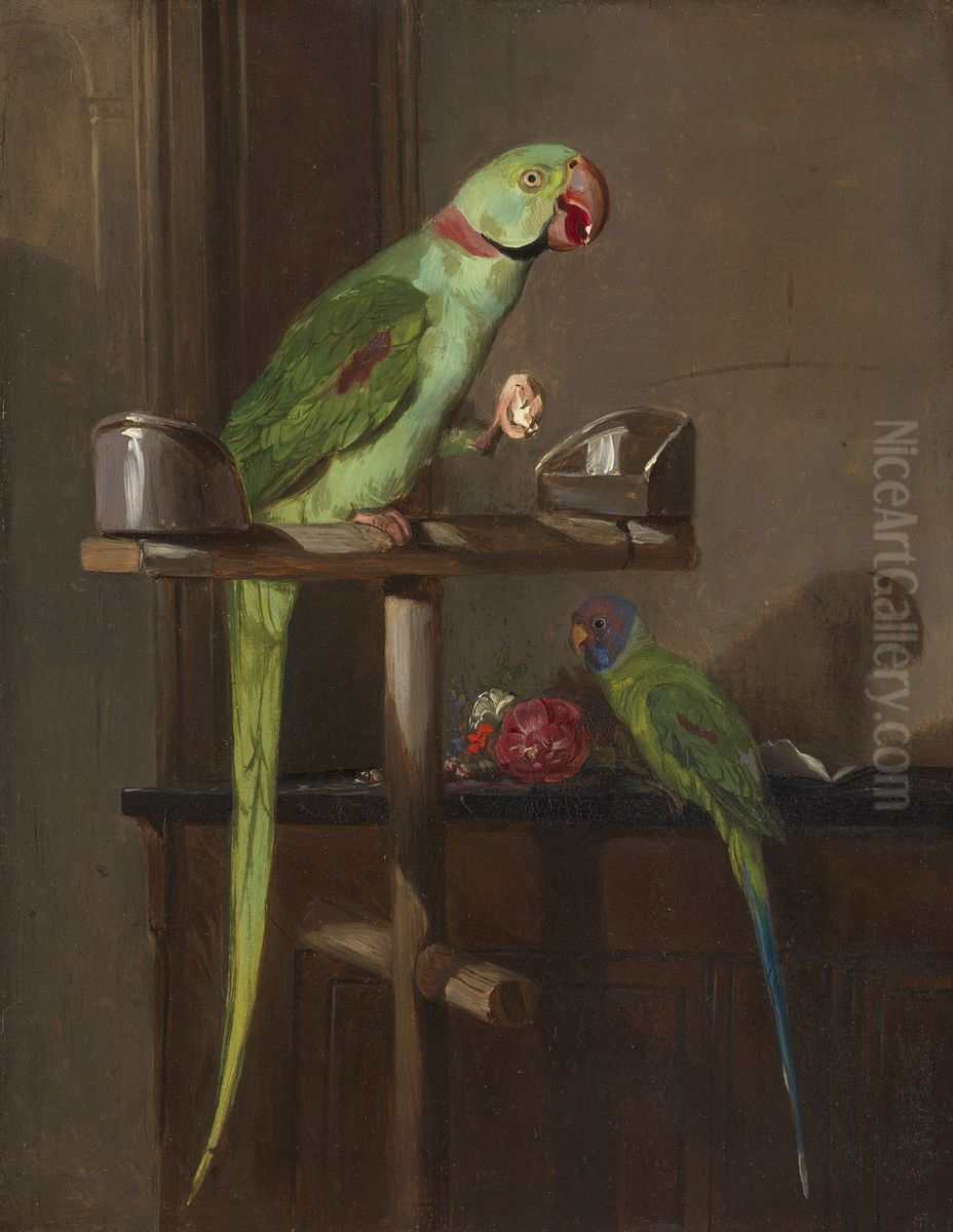Two Parakeets Oil Painting by Friedrich Wilhelm Keyl