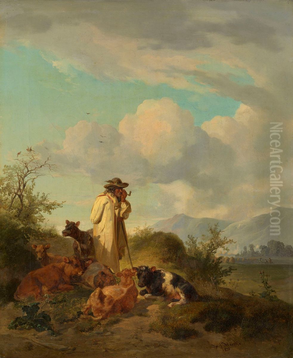 Shepherd in a Landscape Oil Painting by Joseph Heicke