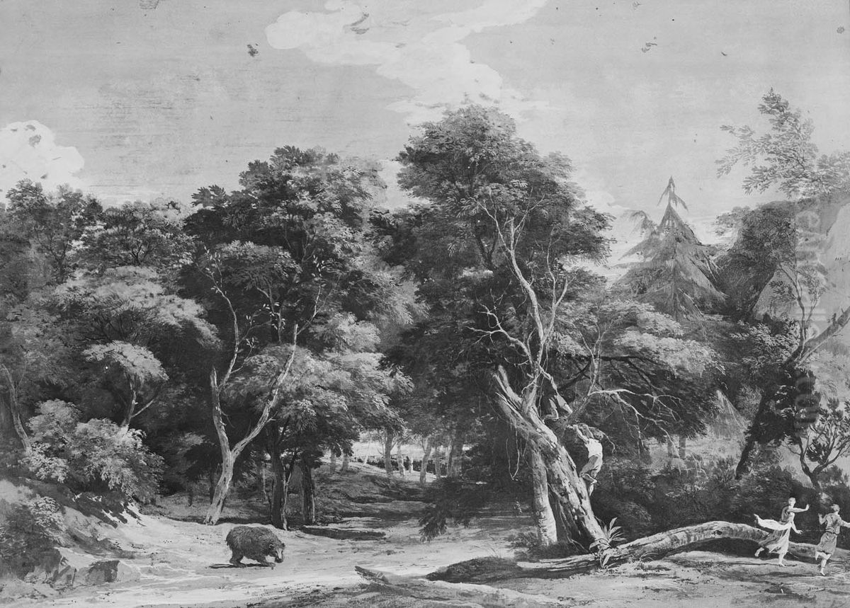 A Wood with Peasants Alarmed by a Bear Oil Painting by Marco Ricci