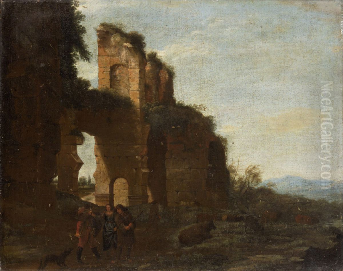 Ruine mit Raubern und einer Frau Oil Painting by Willem Van Bemmel