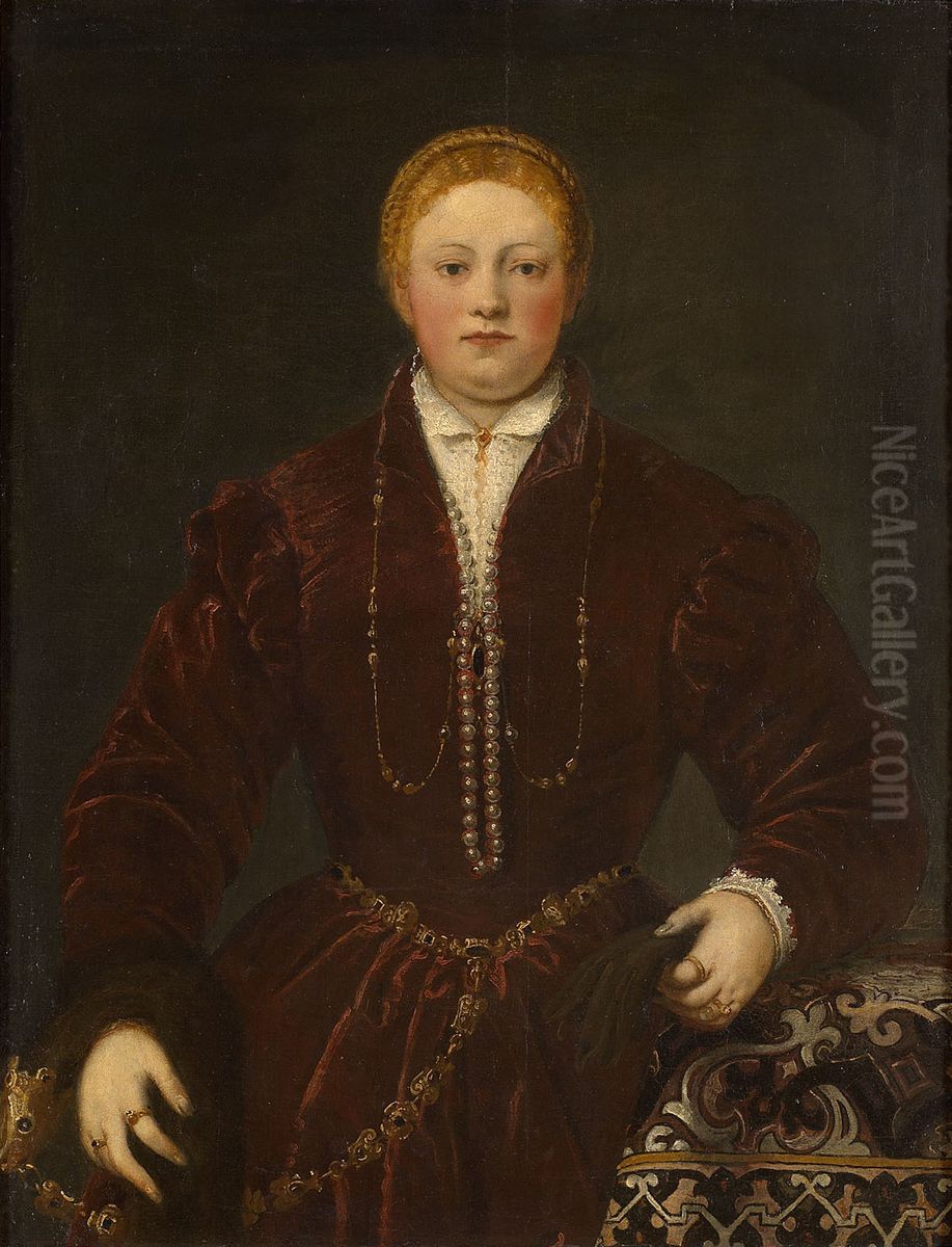 Portrait of Crown Princess of Poland-Lithuania Anna Jagiellon (1523-1596) holding a zibellino Oil Painting by Jacopo Tintoretto