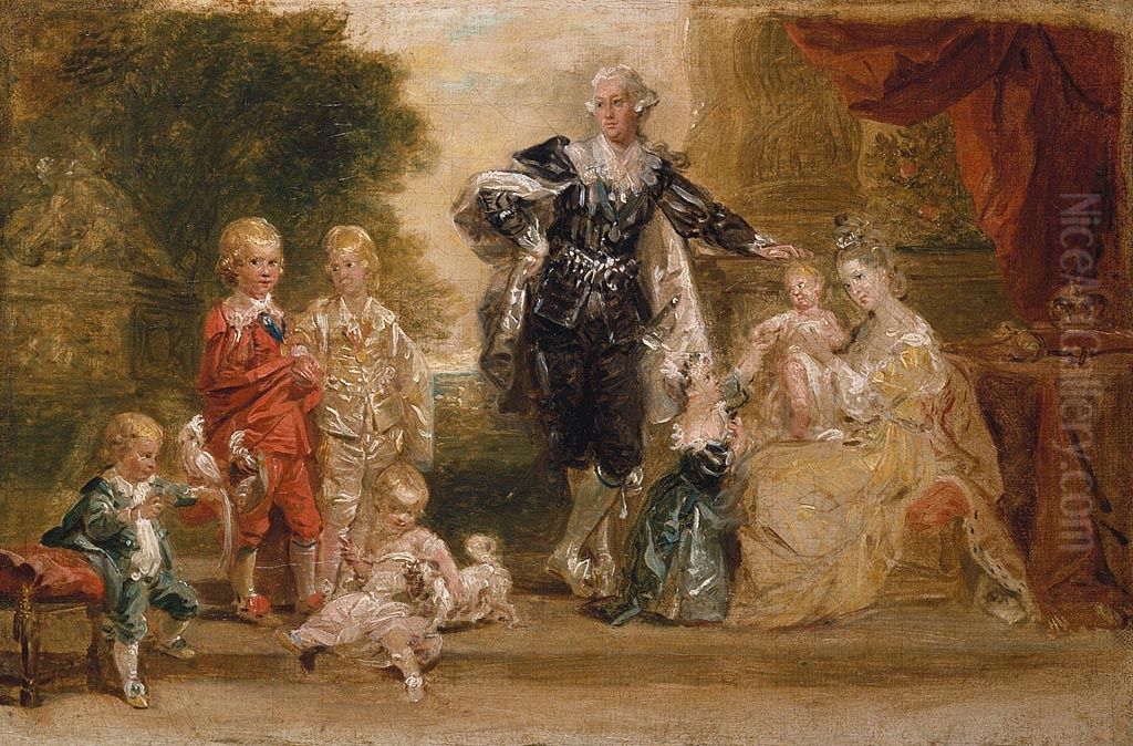George III, Queen Charlotte and their six eldest children Oil Painting by Johann Zoffany