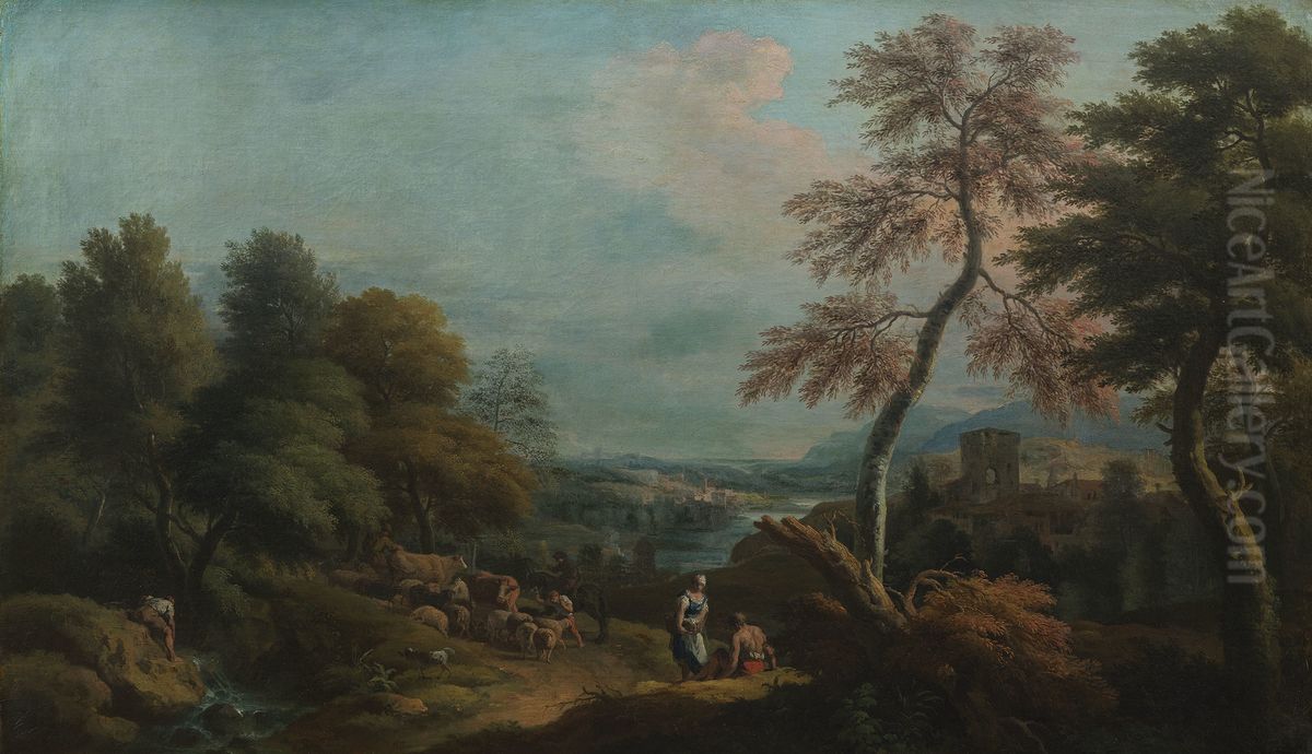 Landscape with Cattle and a Woman Speaking to a Seated Man Oil Painting by Marco Ricci