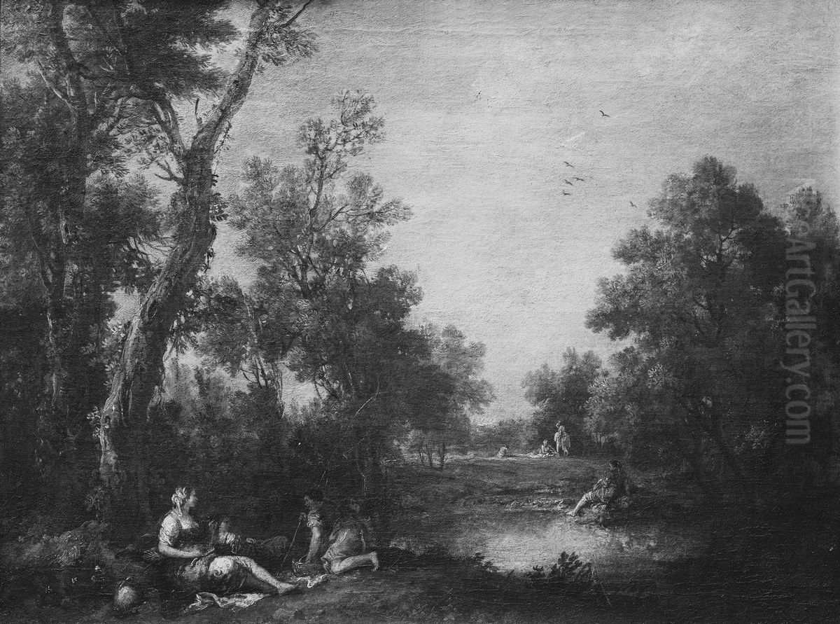 Landscape with Peasant Women Resting by a Pond in a Wood Oil Painting by Francesco Zuccarelli