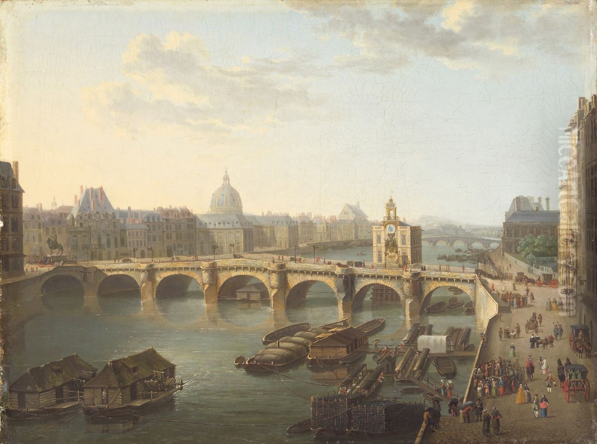 View of the Pont-Neuf in Paris from the Quai de la Megisserie Oil Painting by Hyacinthe de La Pegna