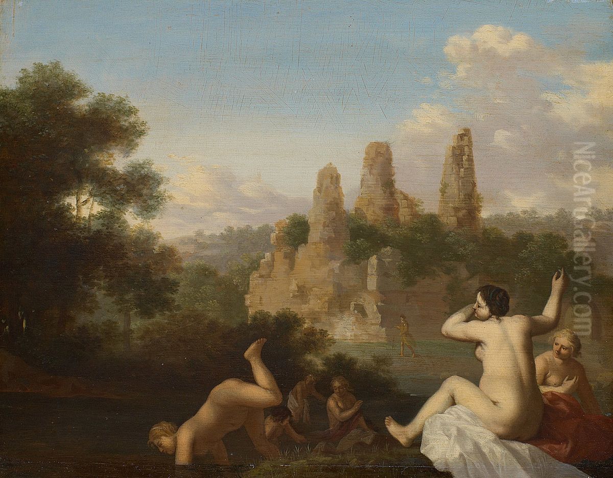 Landschaft bei Albano mit badenden Madchen (Im Hintergrund das Grabmal der Horatier und Curatier) Oil Painting by Cornelius van Poelenburgh