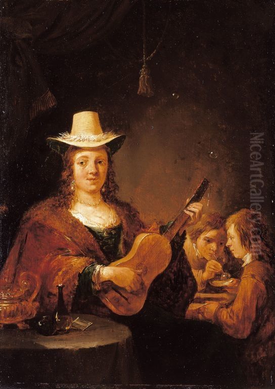 A Woman Playing the Guitar Oil Painting by David Teniers the Younger