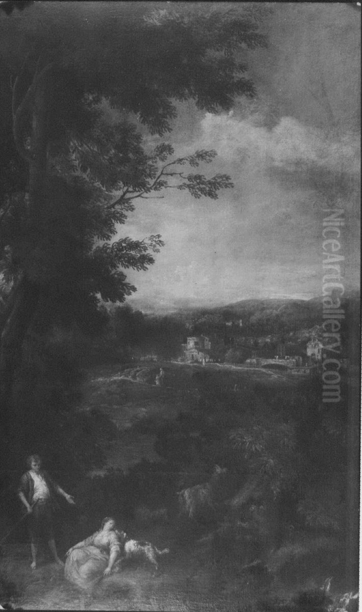 Landscape with a Goatherd and a Seated Woman Nuzzled by a Dog Oil Painting by Francesco Zuccarelli