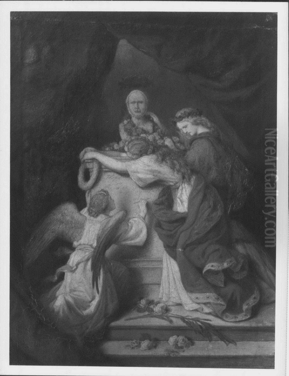 An Angel and two Girls Decorating a Bust of Prince Albert, Prince Consort Oil Painting by Johann Grund