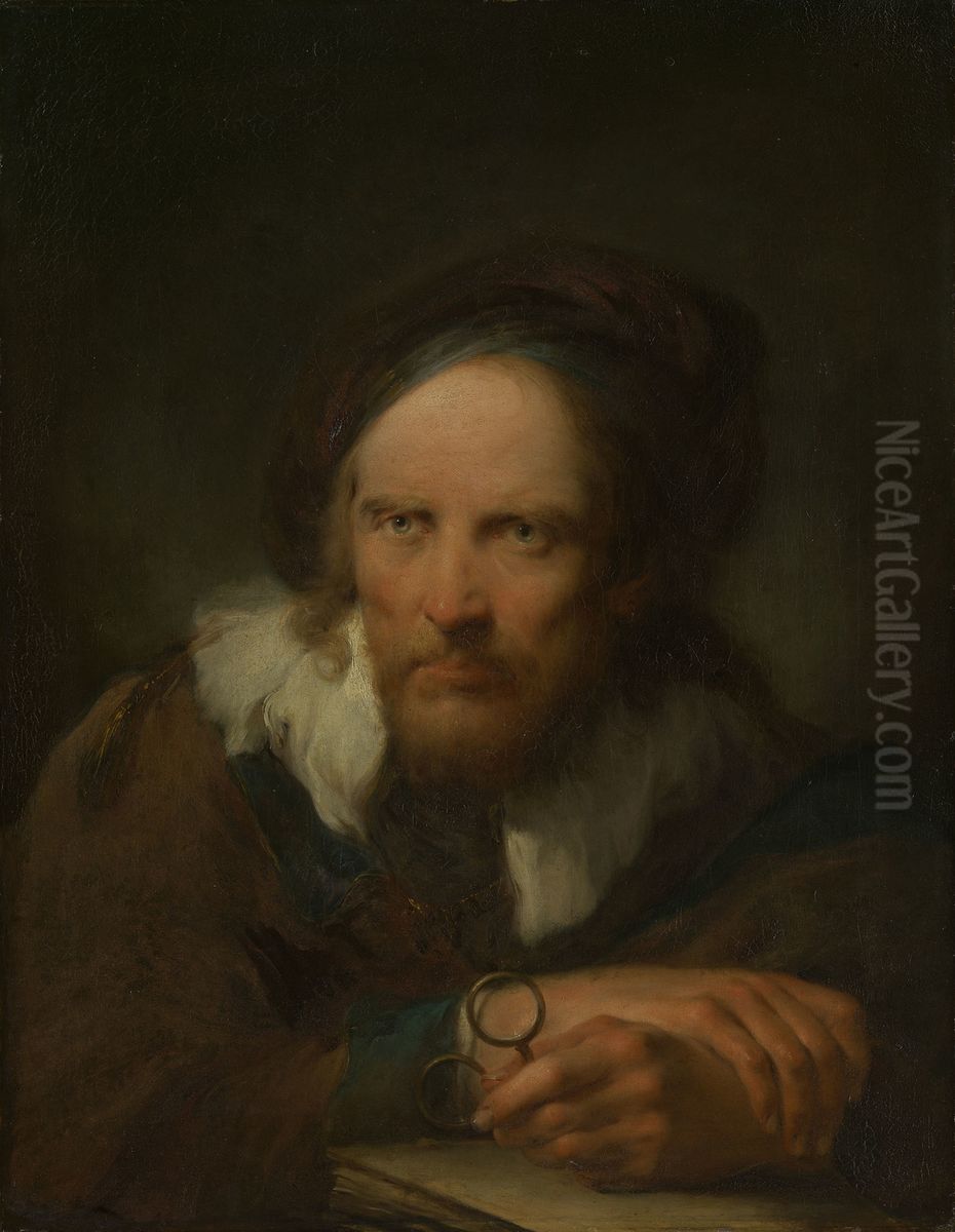 A Man Holding Spectacles Oil Painting by Giuseppe Nogari