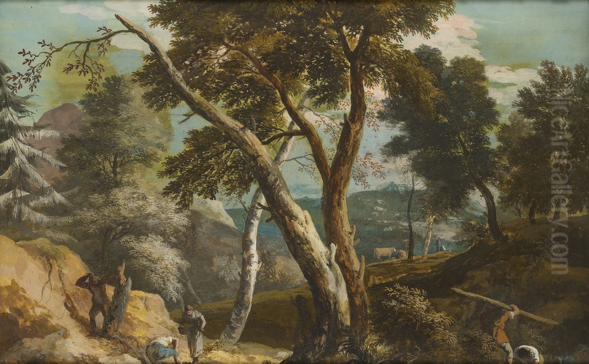 Landscape with Peasants and Woodcutters Oil Painting by Marco Ricci