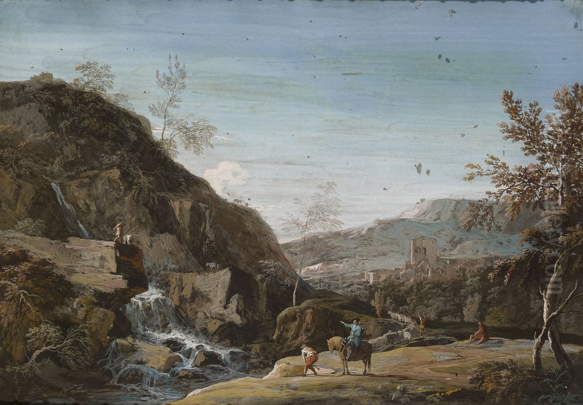A Rocky Landscape with a Waterfall Oil Painting by Marco Ricci