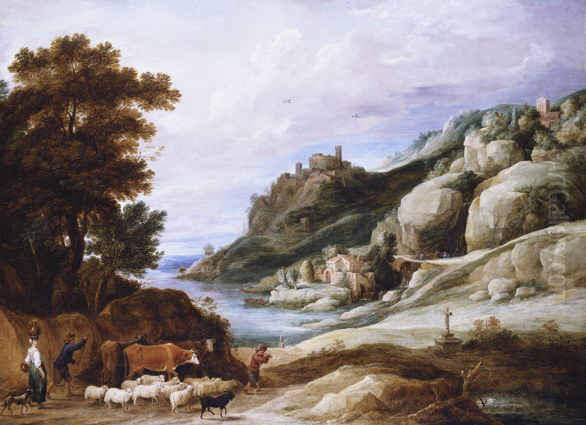 A Shepherd with his Flock in a Mountainous Landscape Oil Painting by David Teniers the Younger