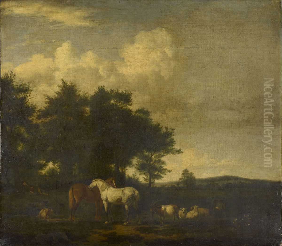 Horses, Sheep and Goats with a Sleeping Herdsman Oil Painting by Adriaen Van De Velde