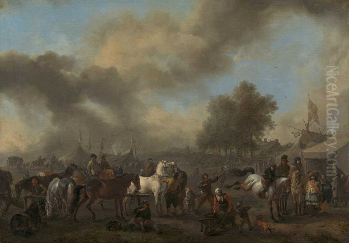 A Horse Fair in front of a Tented Encampment Oil Painting by Philips Wouwerman