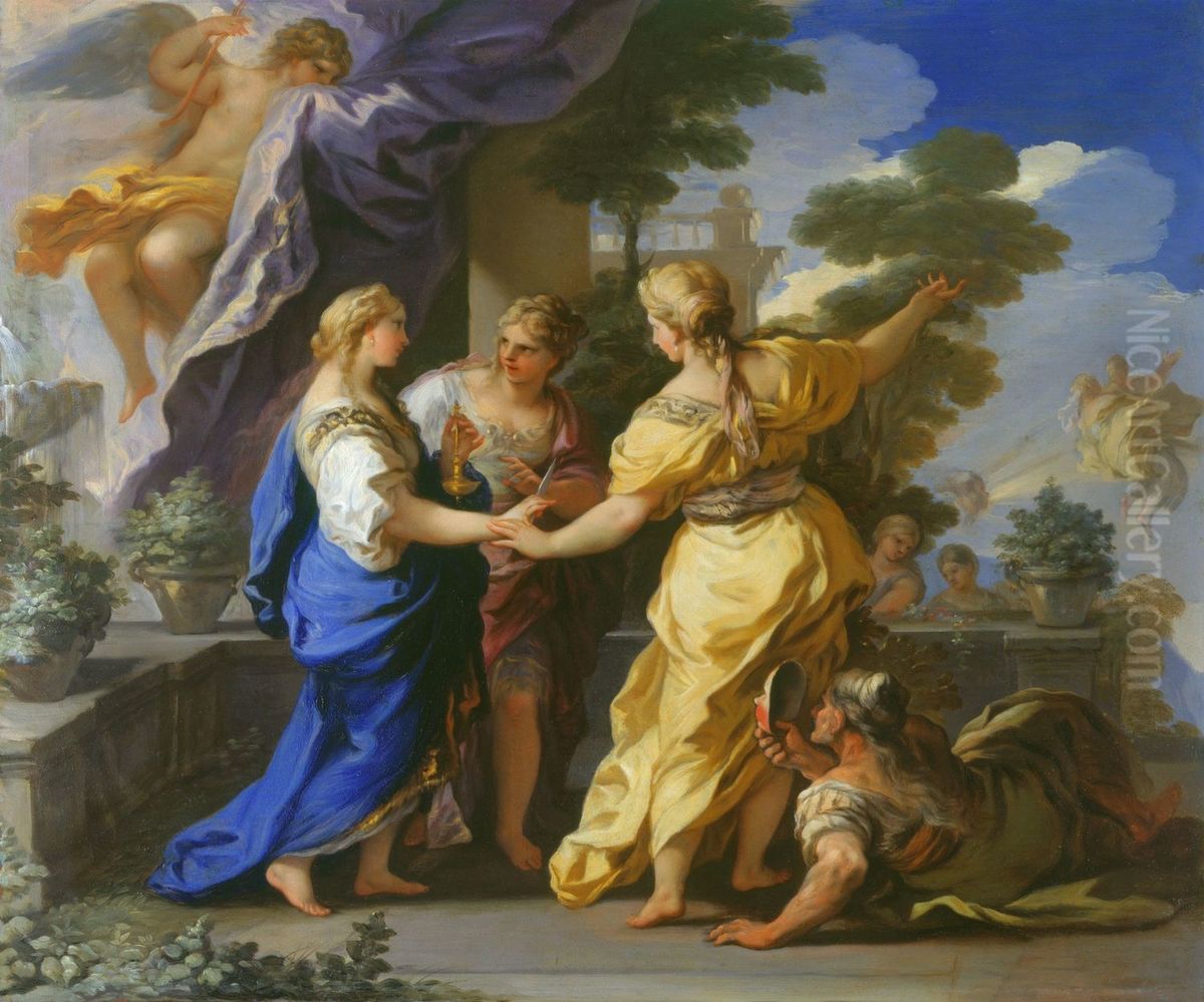Psyche's Sisters Giving her a Lamp and a Dagger Oil Painting by Luca Giordano