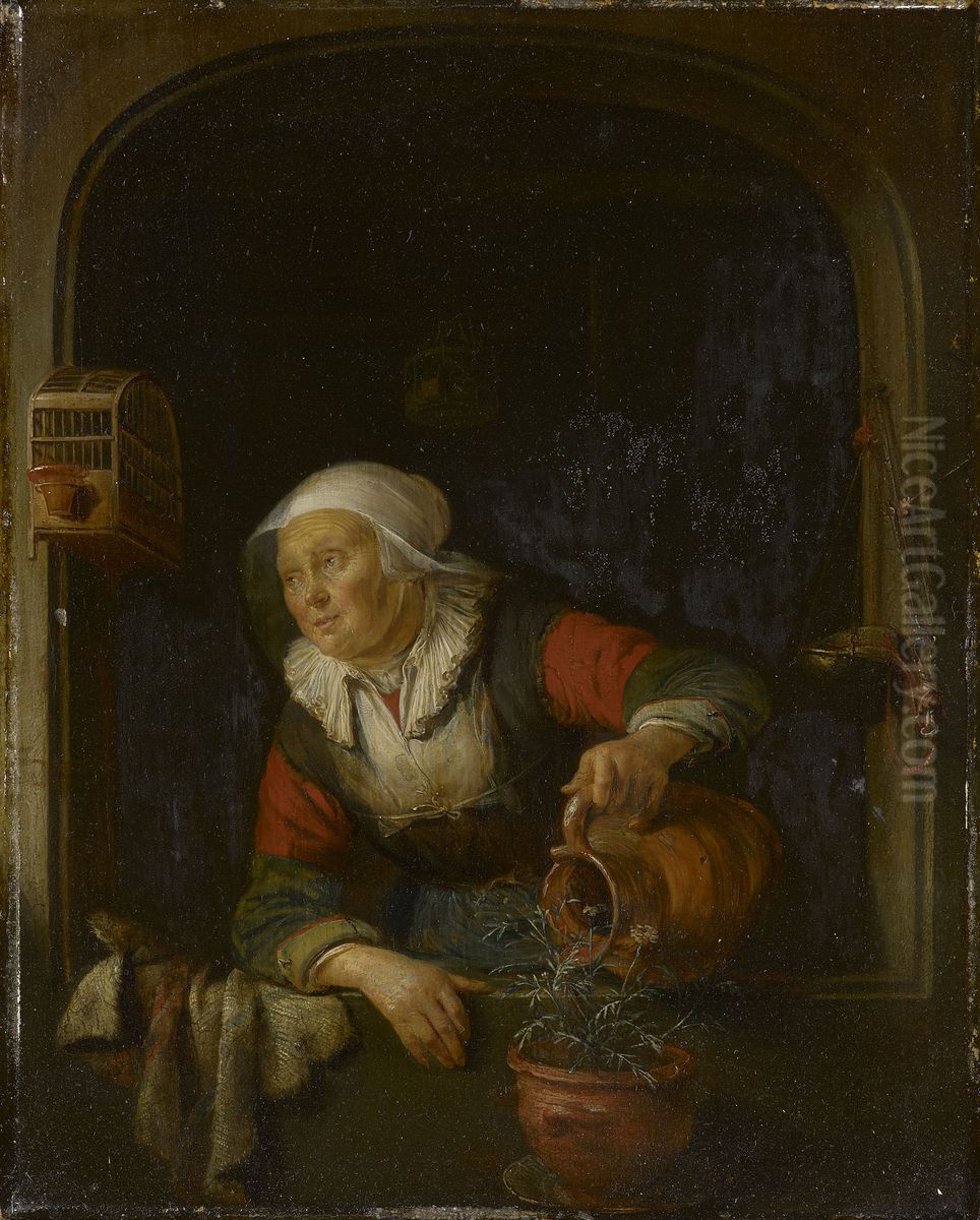An Old Woman Watering a Pot of Pinks Oil Painting by Gerrit Dou