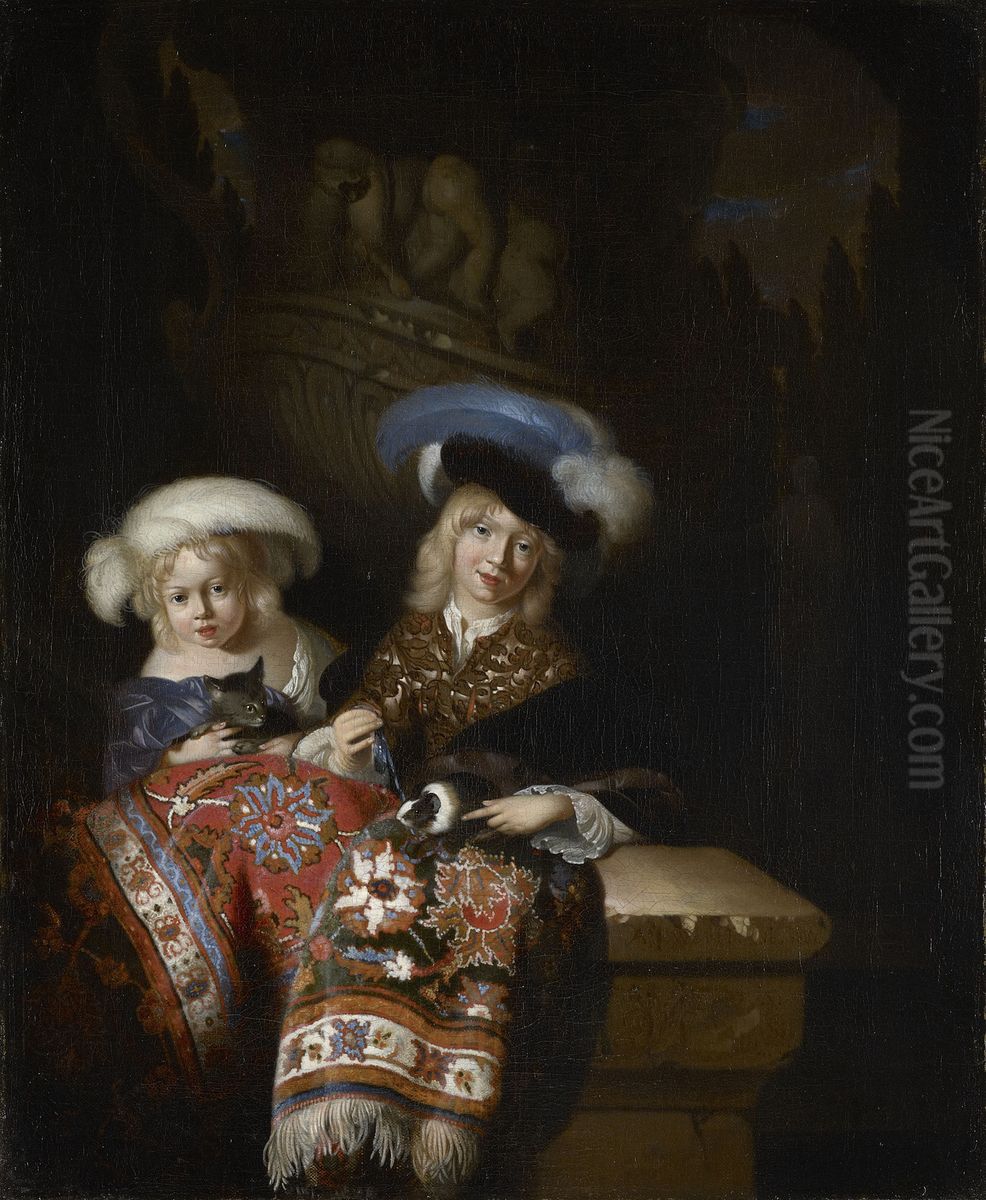 A Boy and a Girl with a Guinea-Pig and a Kitten Oil Painting by Adriaen Van Der Werff