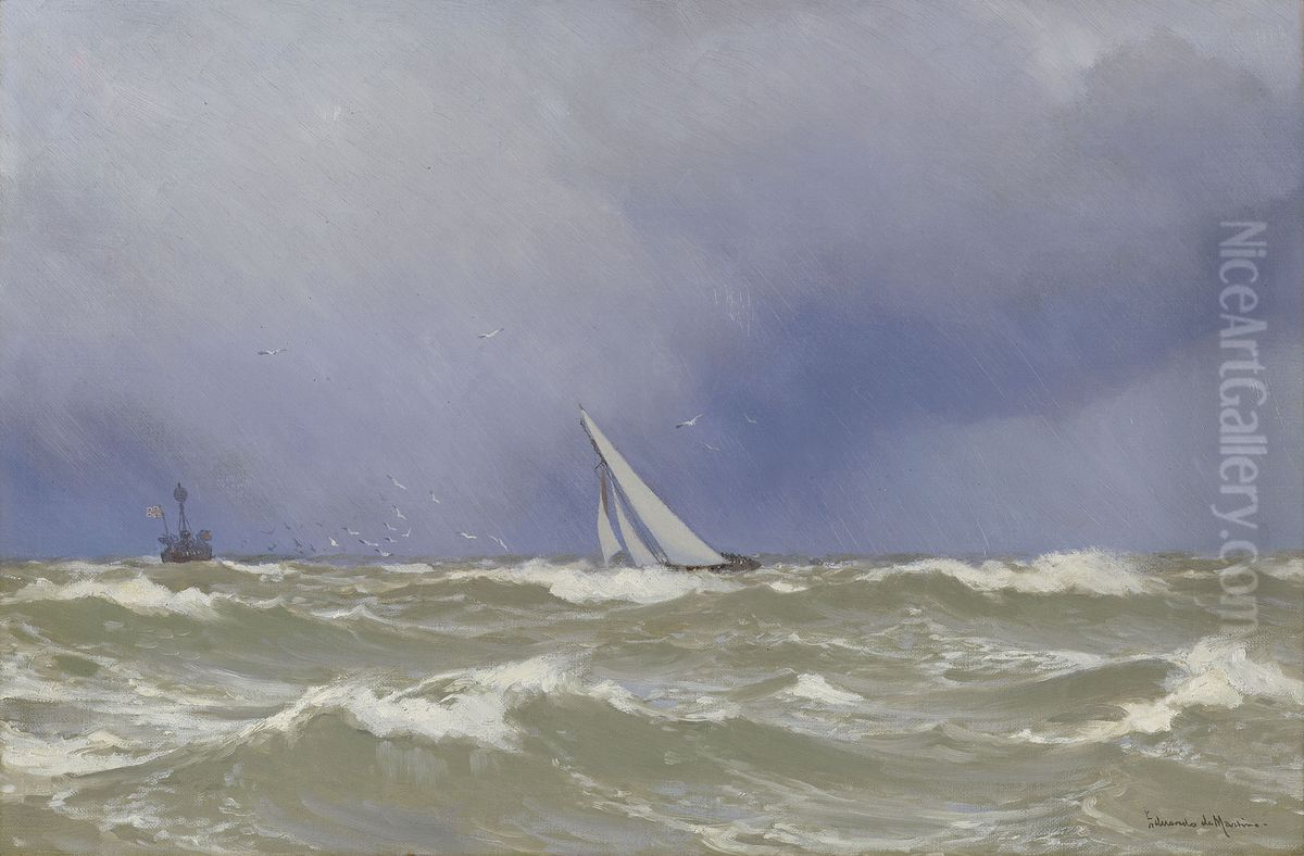 'Britannia' in a Squall in the Solent Oil Painting by Eduardo de Martino